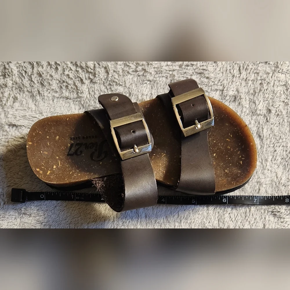 Pier 27 Beach Life Kids Brown Leather Double Buckle Footbed Slip-On Sandals